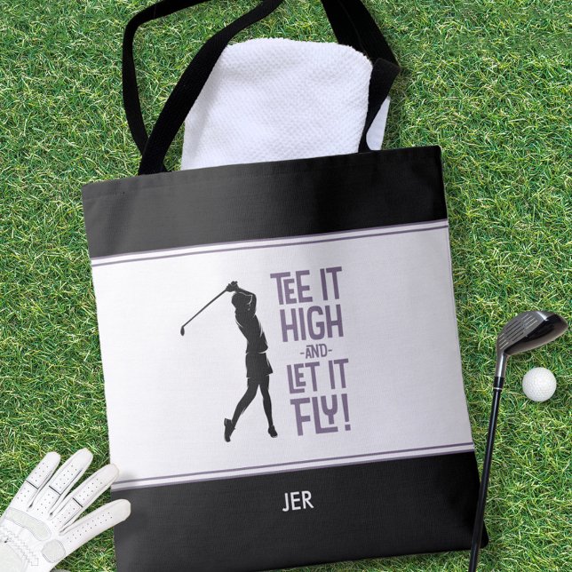 Bolso De Tela Dicho Divertido de Golf Moderno Púrpura Negro (Cute Golfer Golf Humor Funny Black White Purple Tote Bag)