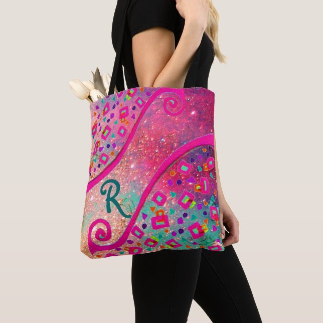 Bolso De Tela DICo MONogram Pink Fuchsia Blue Green Dots Square (Detalle)