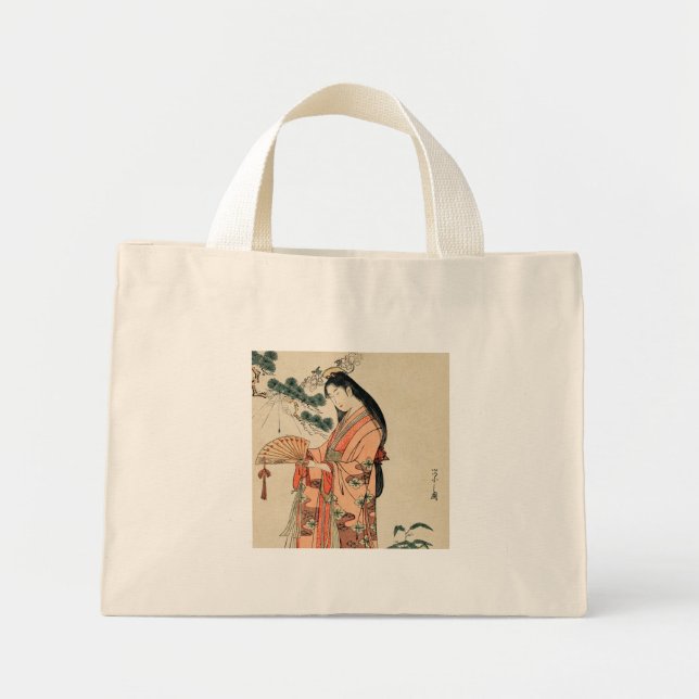Bolso De Tela Diminuto Anciano dibujo de madera japonesa con mujer (Frente)