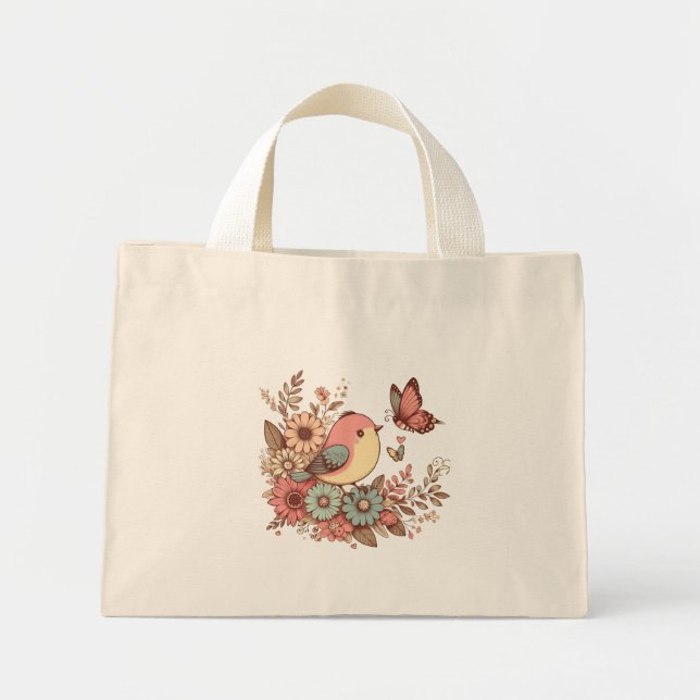 Bolso De Tela Diminuto Aves y mariposas (Frente)