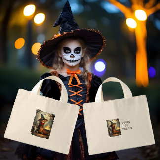 Bolso De Tela Diminuto Bruja pequeña y linda en el bosque con caldero de