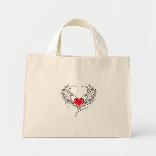 Bolso De Tela Diminuto Corazón de Ángel Rojo con alas (Frente)