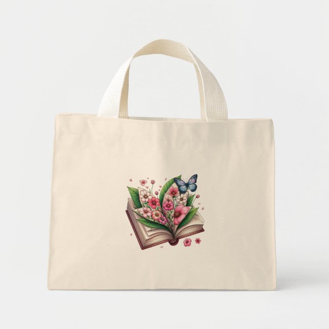 Bolso De Tela Diminuto Dibujo Abrir libro y florecimiento con mariposa (Frente)