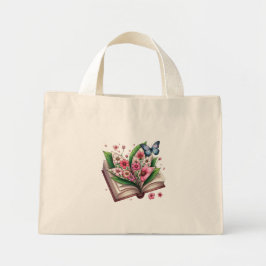 Bolso De Tela Diminuto Drawing Open Book and Blossom with butterfly