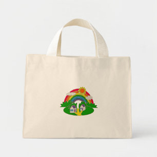 Bolso De Tela Diminuto Escena rural personalizado con arcoiris y casa de 