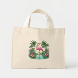 Bolso De Tela Diminuto Flamingo rosa con flores y palmeras
