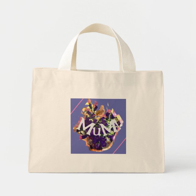 Bolso De Tela Diminuto Flores moradas y aves (Frente)
