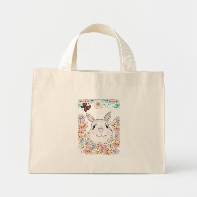 Bolso De Tela Diminuto Flores y mariposas de conejo conejo (Frente)