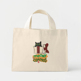 Bolso De Tela Diminuto Gato negro de Santa Claus enredado en luces de árb