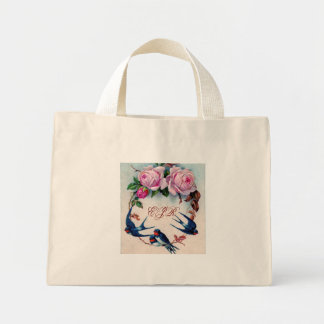 Bolso De Tela Diminuto golondrinas y rosas en cian