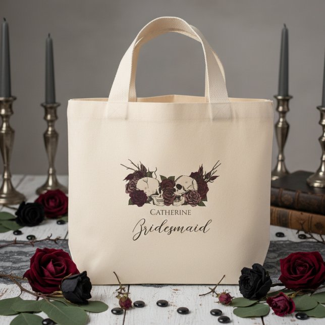 Bolso De Tela Diminuto Gothic Skull & Rose Bridesmaid (Elegant Gothic Wedding Tote Bags. Dark Floral Skulls with Burgundy and Mauve Roses for Bridesmaid)
