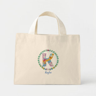 Bolso De Tela Diminuto Letras florales iniciales "K" con nombre personali