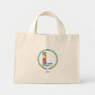 Bolso De Tela Diminuto Letras florales iniciales "L" con nombre personali