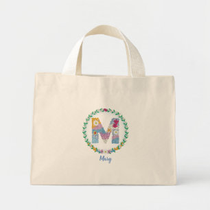 Bolso De Tela Diminuto Letras florales iniciales "M" con nombre personali