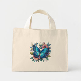 Bolso De Tela Diminuto Mariposa azul oscuro sobre el diseño floral