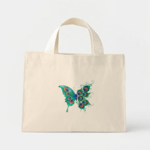 Bolso De Tela Diminuto Mariposa con plumas de pavo real verde