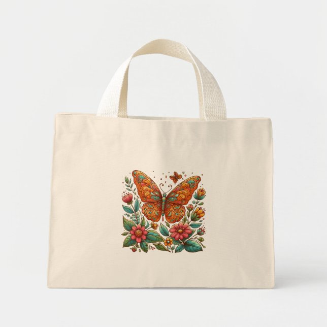 Bolso De Tela Diminuto mariposa naranja con flores (Frente)