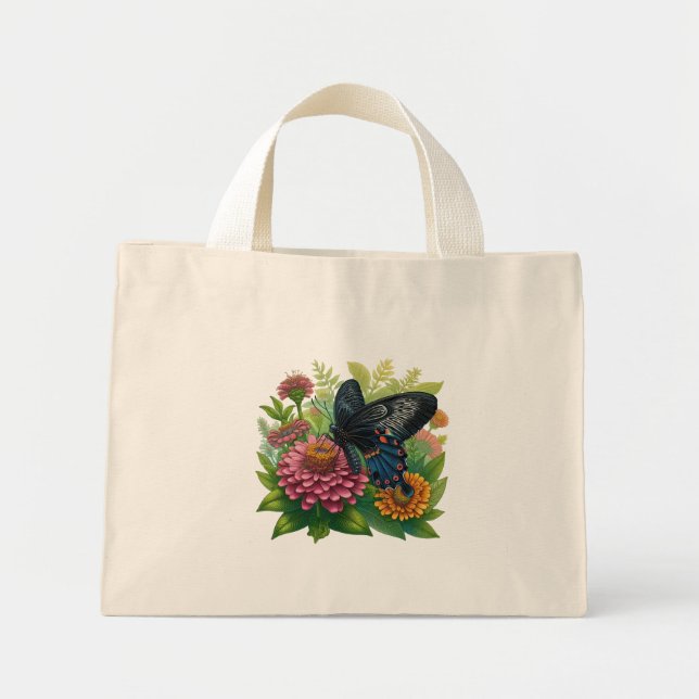 Bolso De Tela Diminuto Mariposa negra salvando una zinnia rosa entre los  (Frente)