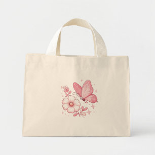 Bolso De Tela Diminuto Mariposa rosa y flores