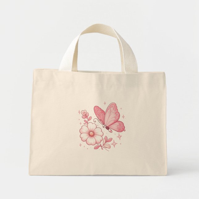 Bolso De Tela Diminuto Mariposa rosa y flores (Frente)