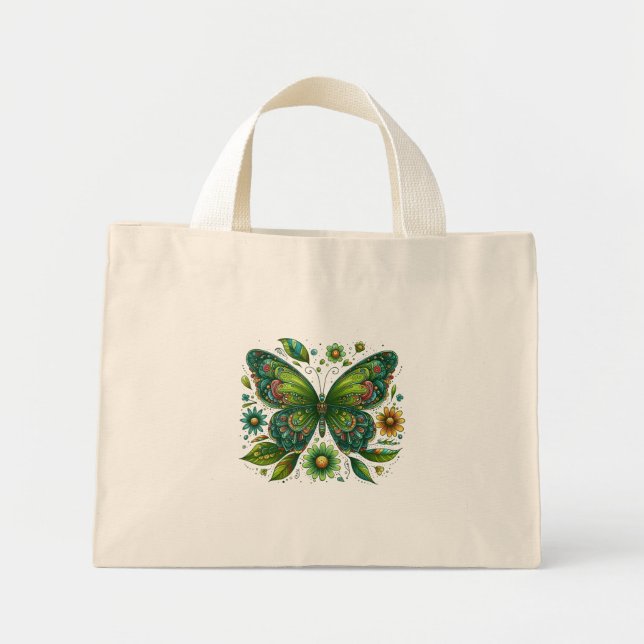 Bolso De Tela Diminuto Mariposa verde floral (Frente)