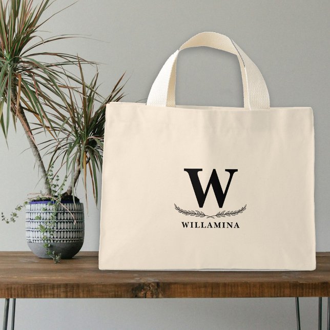 Bolso De Tela Diminuto Monograma Botánico Personalizado Inicial (Personalized Botanical Monogram Initial Mini Tote Bag)