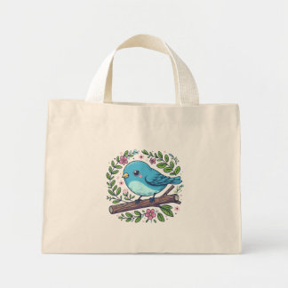 Bolso De Tela Diminuto Pájaro azul lindo encaramado en una rama en flor