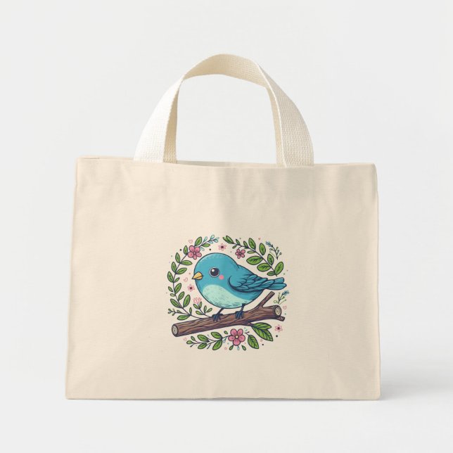 Bolso De Tela Diminuto Pájaro azul lindo encaramado en una rama en flor (Frente)