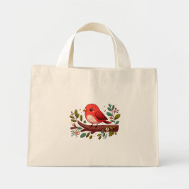 Bolso De Tela Diminuto Pájaro rojo curado en una rama con flores