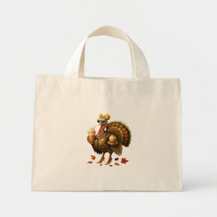Bolso De Tela Diminuto Pavo bebiendo café lazo de acción de gracias para 