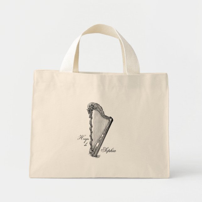 Bolso De Tela Diminuto Pequeño Tote de arpa antigua con nombre personaliz (Frente)