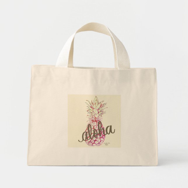 Bolso De Tela Diminuto Pequeño Tote de piña rosa Aloha (Frente)