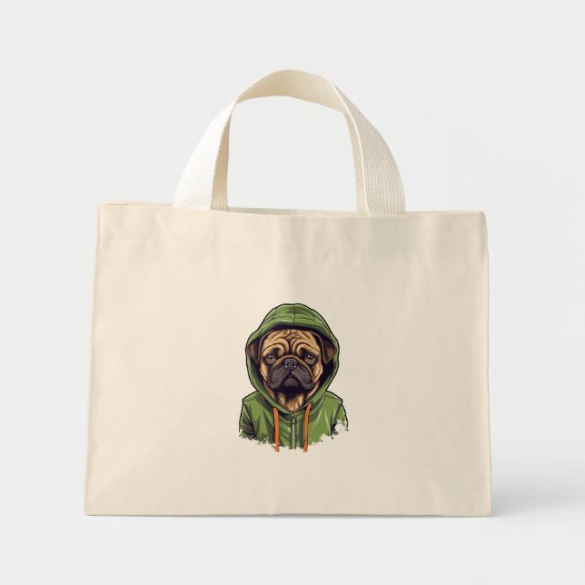 Bolso De Tela Diminuto Perro de Pug con capucha verde (Frente)