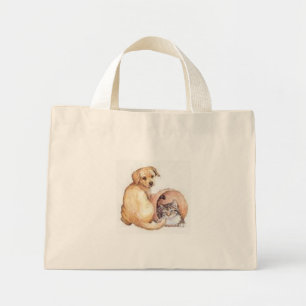 Bolso De Tela Diminuto perro y gato en una canasta