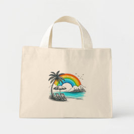 Bolso De Tela Diminuto Playa de palmeras con hermoso arco iris