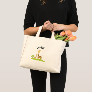 Bolso De Tela Diminuto Una mamá súper linda y una jirafa de bebé verde y