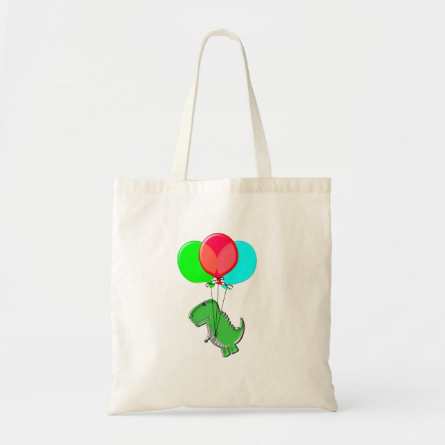 Bolso De Tela Dino Cálido Y Enfadado Volando Con Globos Fiestas (Frente)