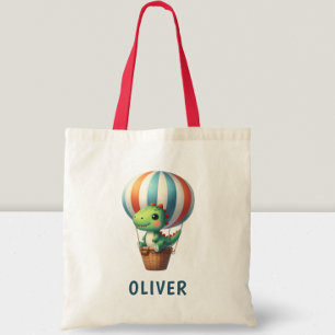 Bolso De Tela Dino Verde Adorable Vuela en un Globo Aerostático