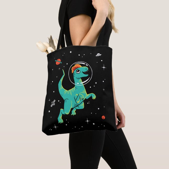 Bolso De Tela Dinos Dilofosaurios verde azulados Y Naranjas En E (Detalle)