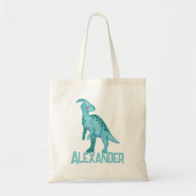 Bolso De Tela Dinosaurio azul acuarela con nombre de niño (Frente)