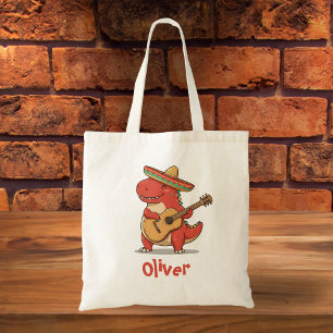 Bolso De Tela Dinosaurio Rojo Fiesta con Sombrero y Guitarra