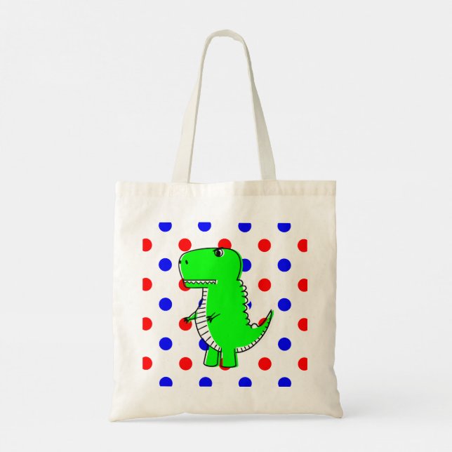 Bolso De Tela Dinosaurios verdes Polka azul rojo puntos de la bo (Reverso)