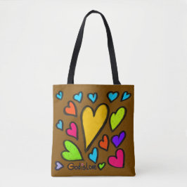 Bolso De Tela Dios es Amor con Corazones Marrón