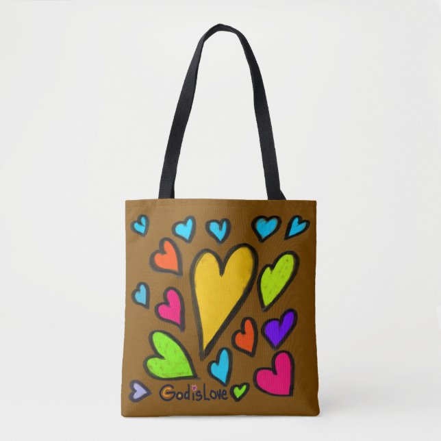 Bolso De Tela Dios es Amor con Corazones Marrón (Anverso)