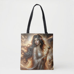 Bolso De Tela Diosa de otro mundo luz dorada. Texto editable