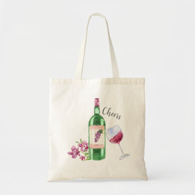 Bolso De Tela Diseño acuarela de flores y vino rojo (Frente)