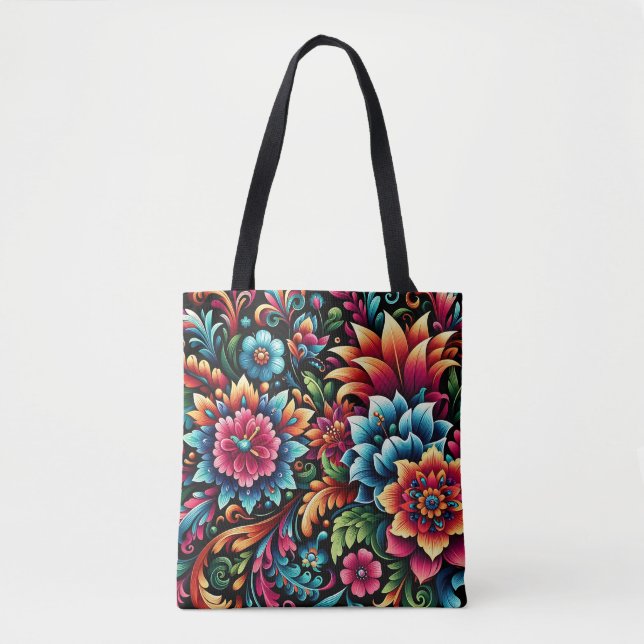 Bolso De Tela Diseño artístico floral mexicano (Anverso)