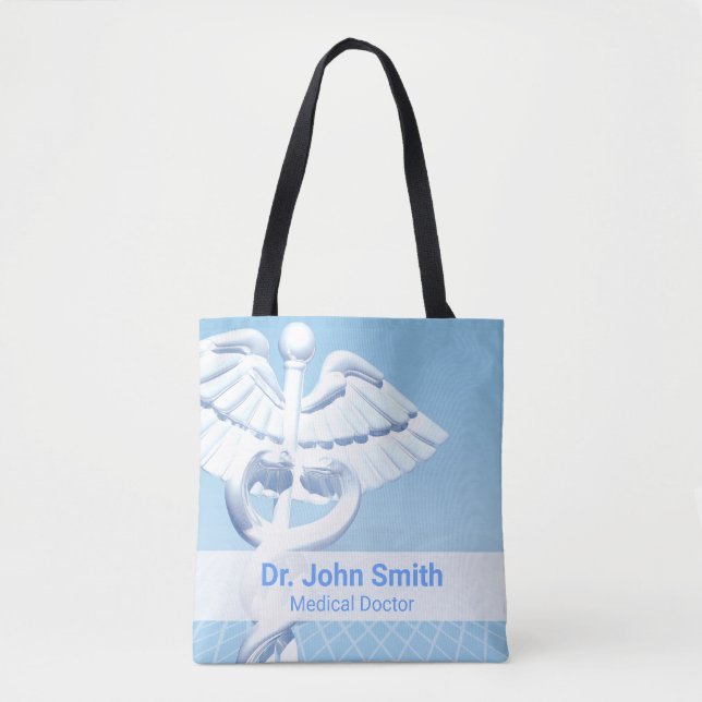 Bolso De Tela Diseño azul Caduceus 3D blanco médico (Anverso)