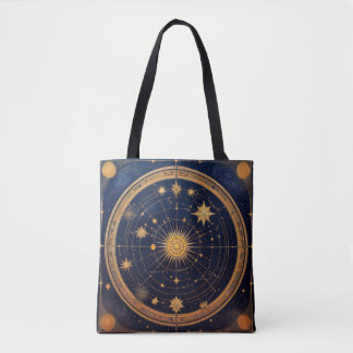 Bolso De Tela Diseño celeste dorado con sol y órbitas