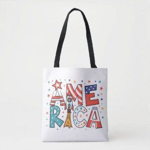 Bolso De Tela Diseño Colorido de Texto y Estrellas de América